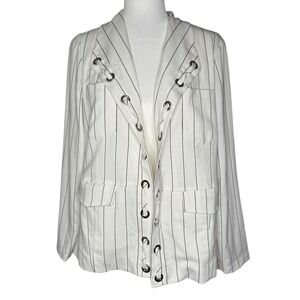 Chicos Blazer Jacket‎ Medium 8/10 Pinstripe Laced Grommet Career Office Neutral